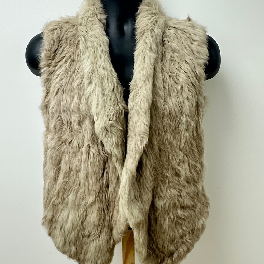 Tan Faux Fur Vest with Draped Collar and Textured Finish